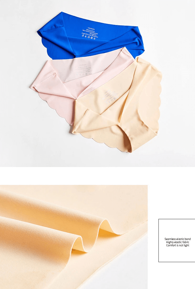 Stylish seamless ice silk panties in blue, pink, and beige. Smooth, breathable fit with scalloped edge for no panty lines.